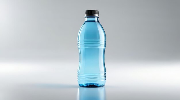 Foto botella de agua en superficie reflectante