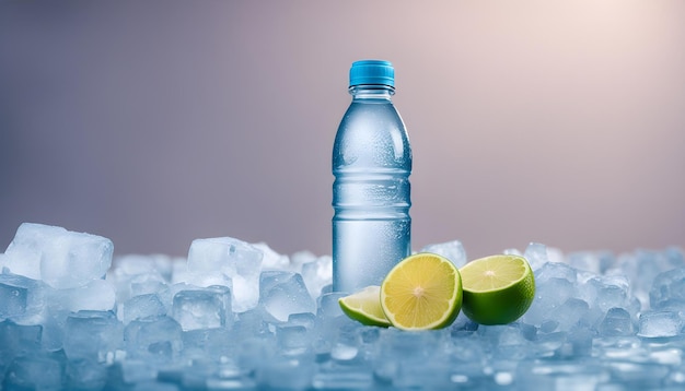 Foto una botella de agua con una tapa azul y una lima