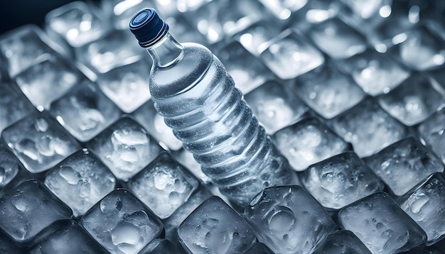 una botella de agua con una tapa azul se sienta en un cubo de hielo