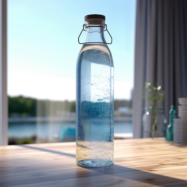 Una botella de agua con una tapa azul.