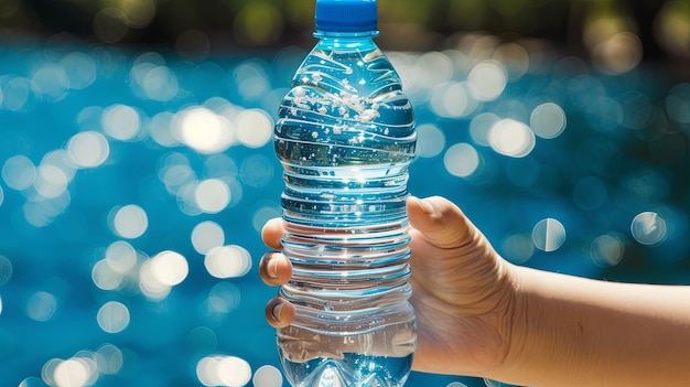 Botella de agua transparente pura y práctica que encarna la hidratación y la sostenibilidad