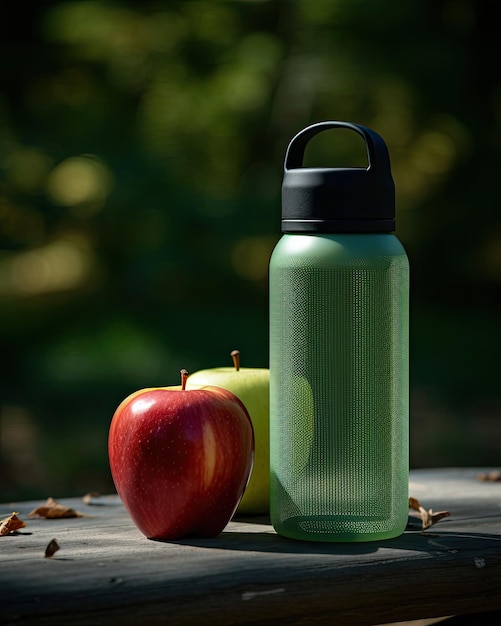 una botella de agua verde y negra junto a una manzana y una manzana.