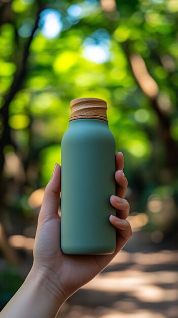 Botella de agua verde reutilizable en la luz del sol