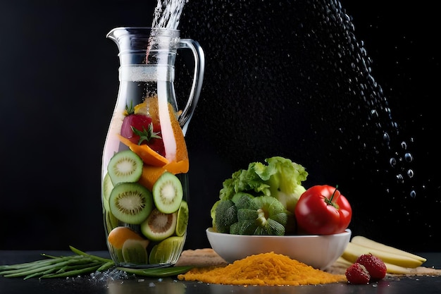 Foto una botella de agua vertiendo en un cuenco de verduras y frutas.