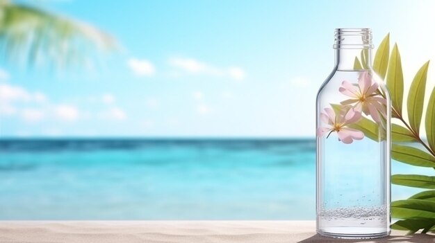 Foto botella de agua de vidrio en una playa y afuera con hojas y flores