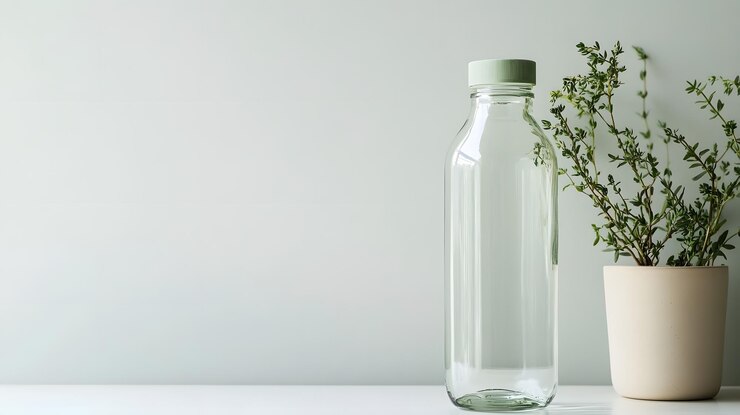 Una botella de agua de vidrio vacía, transparente y clara con tapa verde claro en una mesa de la cocina