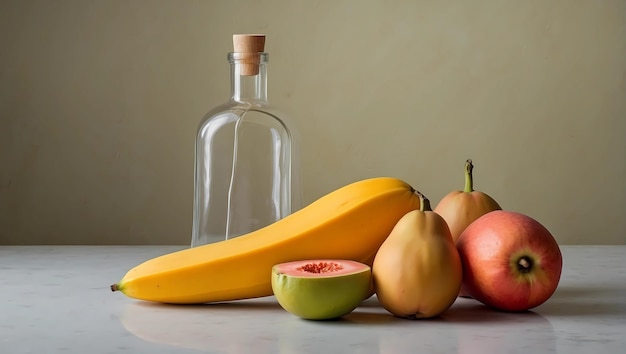 Foto una botella al lado de un plátano