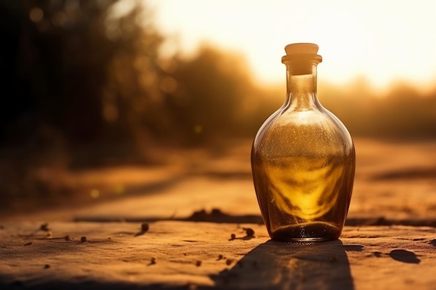 Una botella de alcohol se encuentra en un camino de tierra al atardecer.