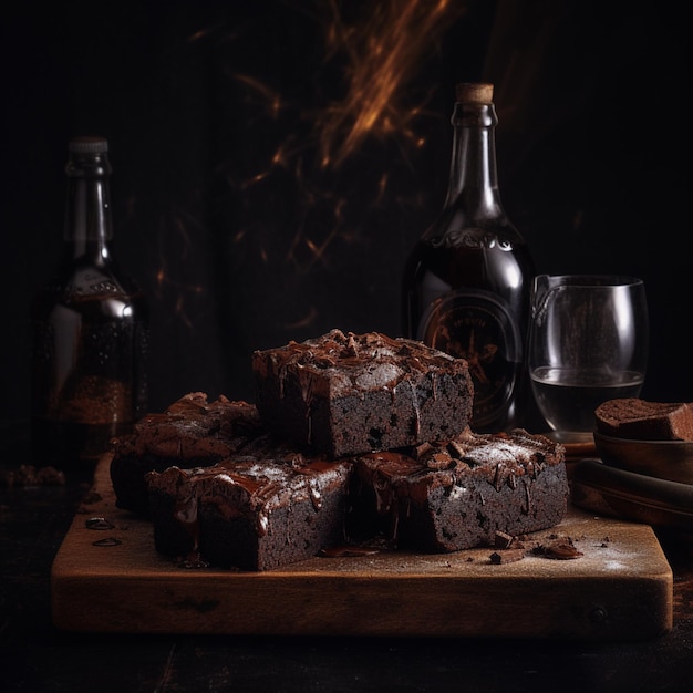 Una botella de alcohol está al lado de unos brownies.