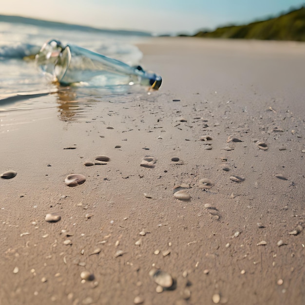 una botella de alcohol está en la playa y el océano está en el fondo