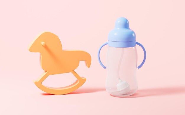 Botella de alimentación para bebés y caballo de hobby producto para bebés renderización 3D