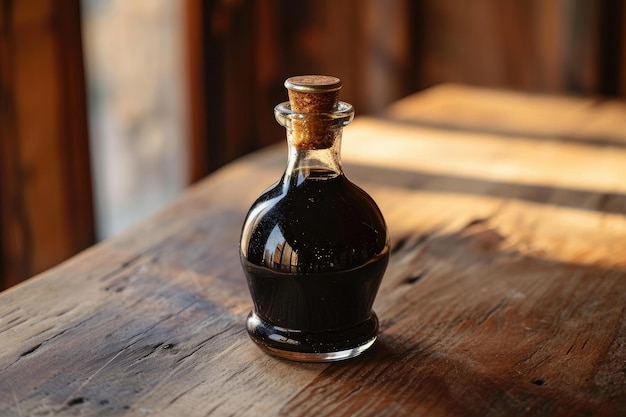 Una botella de almíbar encima de una sencilla mesa de madera crea una escena clásica y acogedora. Vinagre balsámico de 100 años de antigüedad en una botella de vidrio artesanal generada por IA.