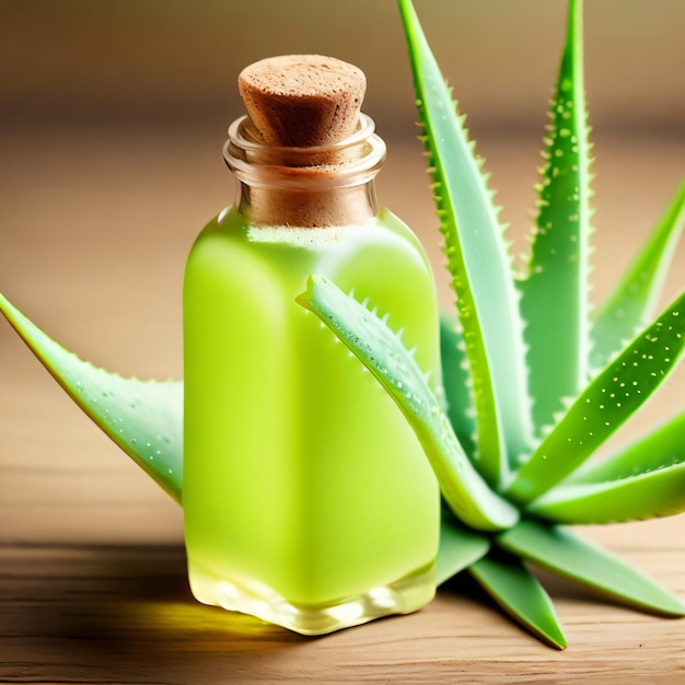 Una botella de aloe vera junto a una planta con un líquido verde.