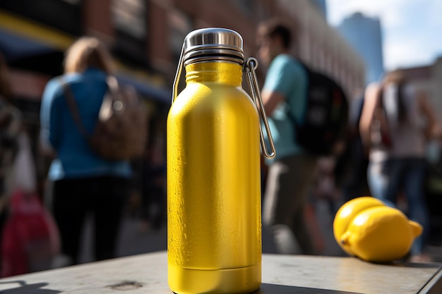 Foto una botella amarilla de agua con una tapa plateada se sienta en una mesa en la calle.