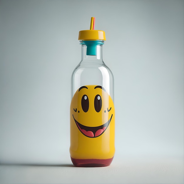 Una botella amarilla con una cara sonriente y una pajita roja.