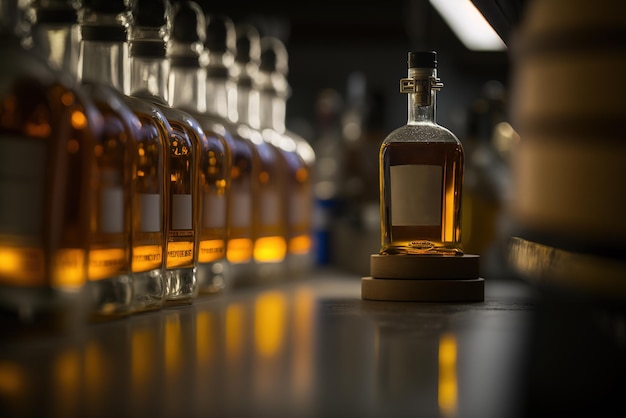 Una botella de ámbar con whisky rodeada de otras botellas en la cinta transportadora de la fábrica IA generativa