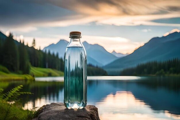 Una botella de aquafina descansa sobre una roca frente a un lago de montaña.