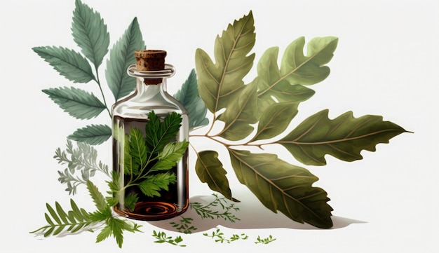 Botella de aroma de aceite esencial de hierbas y hojas Generative Ai