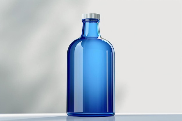 Foto una botella azul encima de una mesa