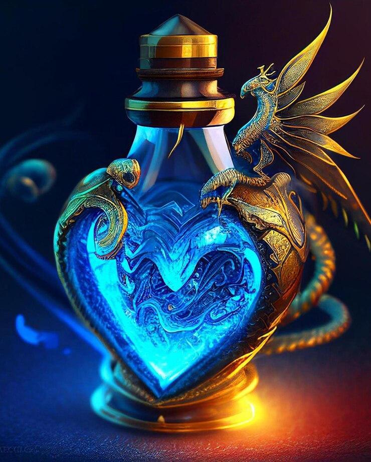 Foto una botella azul en forma de corazón con un dragón.