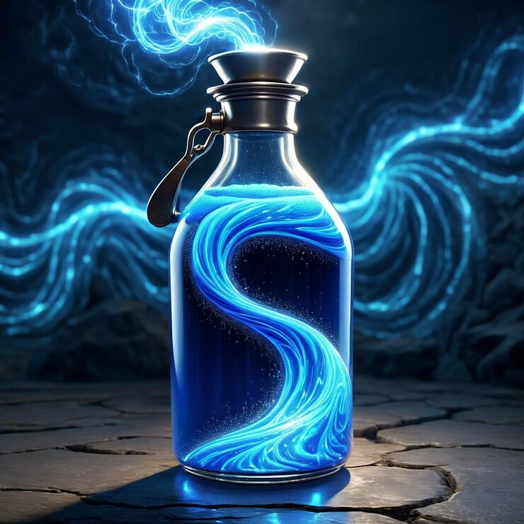 Foto una botella azul con un líquido azul en ella y un remolino azul en el medio
