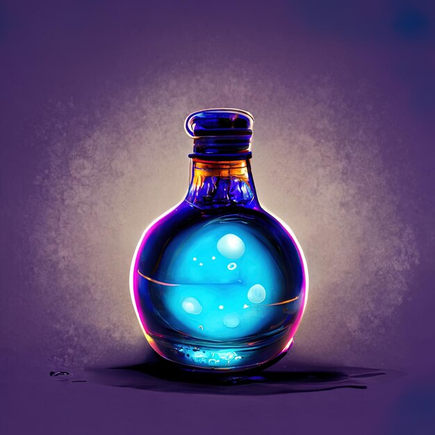 una botella azul con un líquido azul y un fondo púrpura