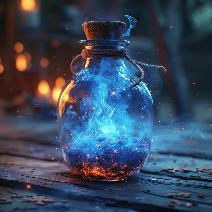 Foto una botella azul con una llama azul que ha sido encendida