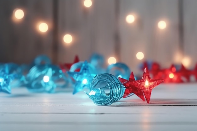 Una botella azul con luces rojas y blancas en el suelo.