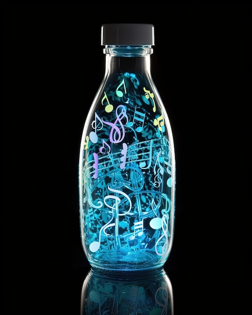 Una botella azul con notas musicales.