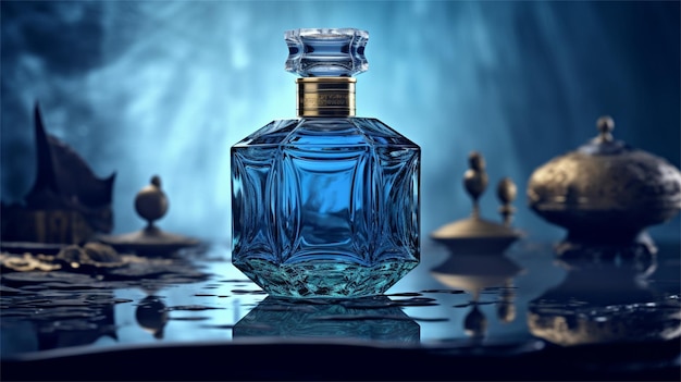 Una botella azul de perfume con las palabras "la palabra" en el lateral. "