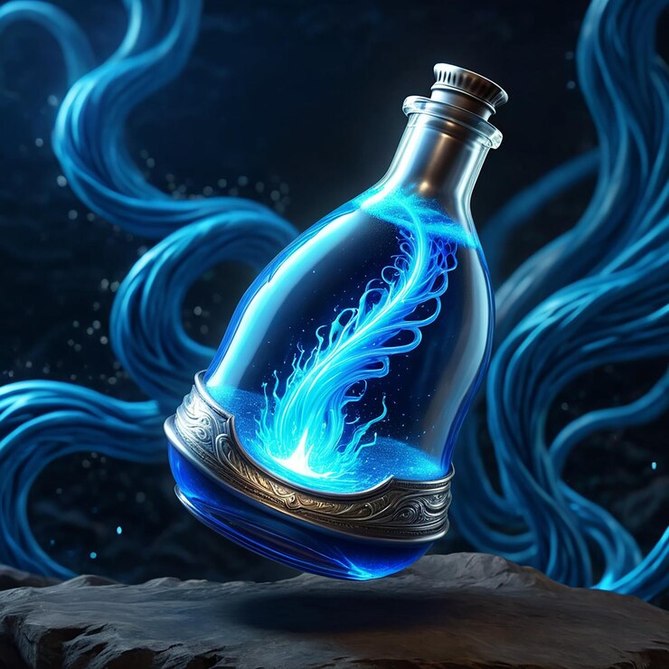 Foto una botella azul con un remolino azul y verde de agua