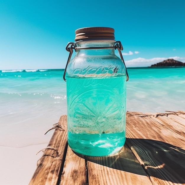 Una botella azul sobre una mesa de madera con una botella transparente que dice líquido azul agua.