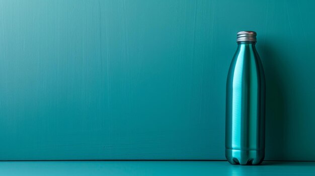 Una botella azul vibrante descansa elegantemente en un suelo azul a juego