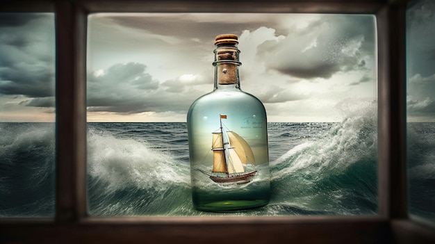 Foto una botella de barco en un mar.