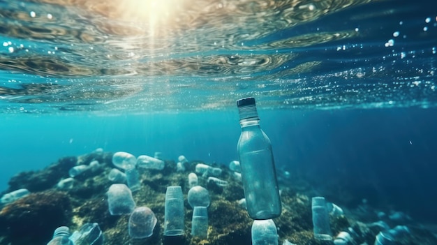 Una botella de basura se hunde bajo el océano