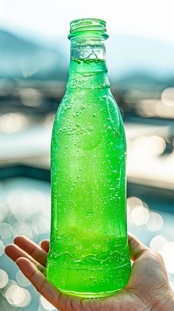 Foto una botella de bebida verde en la mano