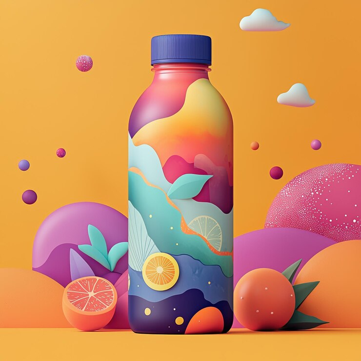 Botella de bebidas colorida con diseño de fruta