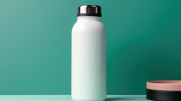 Una botella blanca de agua con tapa plateada.