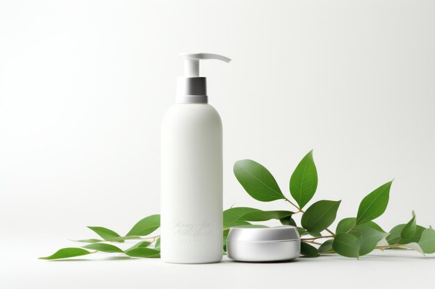 Botella blanca de belleza limpia de productos naturales para el cuidado de la piel en el fondo del spa