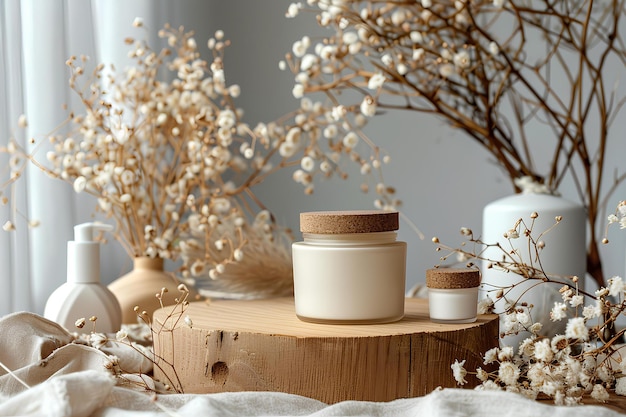 una botella blanca de crema se sienta en un soporte de madera con un ramo de flores