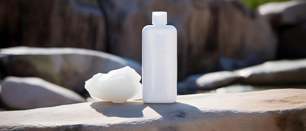 una botella blanca de gel de baño sobre un fondo de rocas blancas