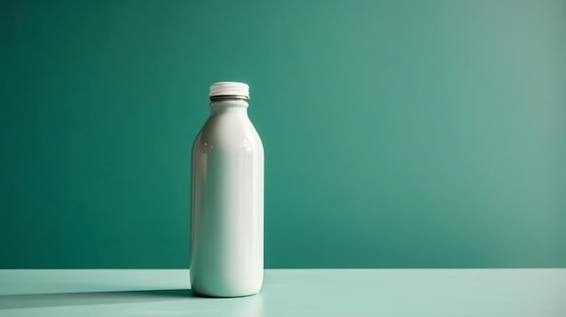 Una botella blanca con una tapa blanca se sienta sobre una mesa verde.