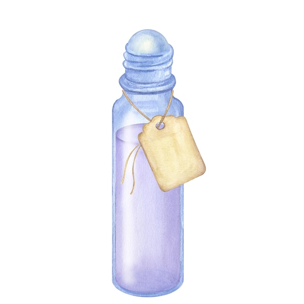 Botella de bola de rodillo de vidrio con etiqueta Aceite esencial de lila de lavanda cosmética Dibujar a mano ilustración acuarela aislada sobre fondo blanco Belleza