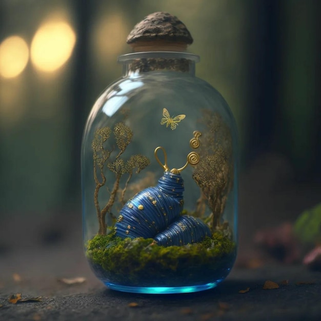 Una botella con una botella azul con la imagen de una mariposa.