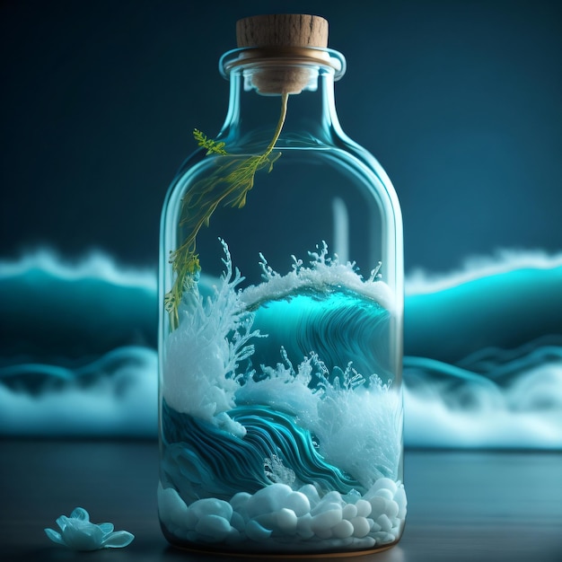 Una botella con una botella azul de la que sale una ola.