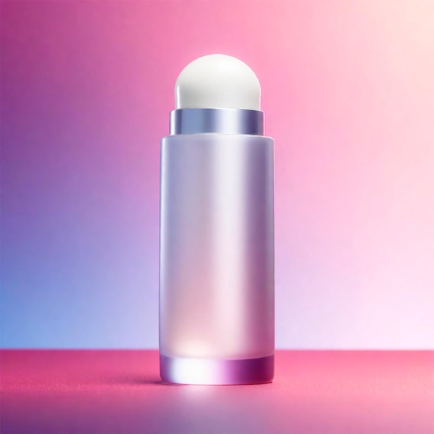 una botella de brillo de labios está en una superficie púrpura