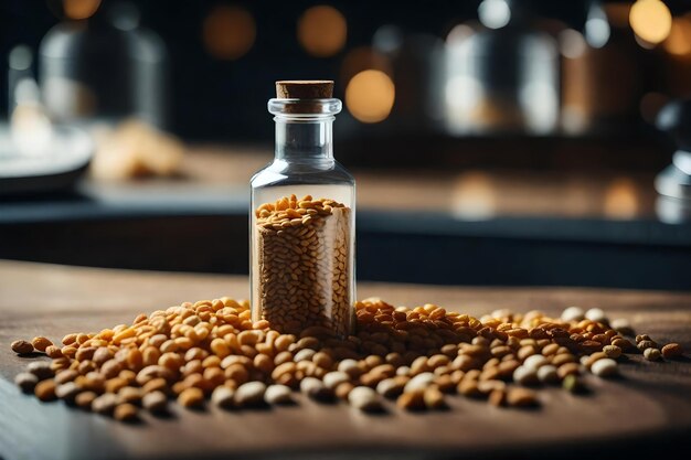 Una botella de cacahuetes con una botella de semillas en la mesa