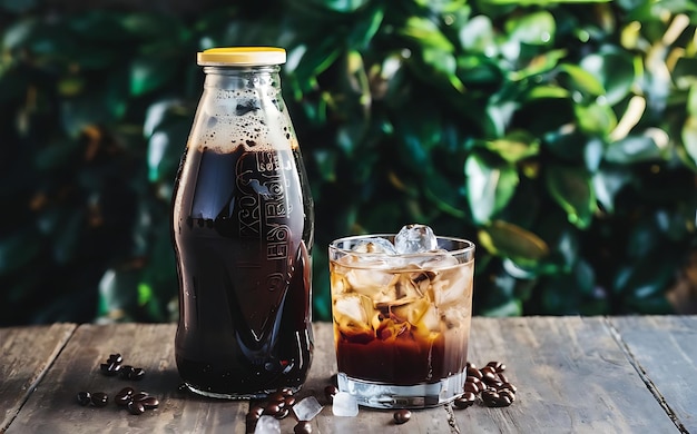 Una botella de café y hielo en vaso listo para preparar una bebida fría