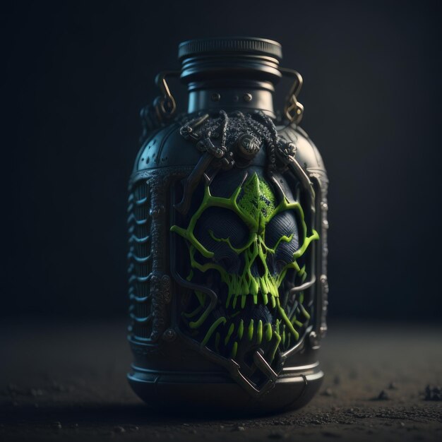 Foto una botella con una calavera verde