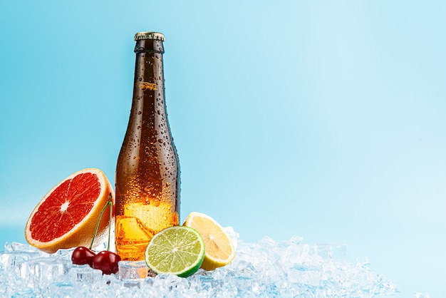 Botella cerrada de cerveza de vidrio marrón sobre hielo. Las frutas se encuentran cerca. concepto de fruta cerveza artesanal o sidra